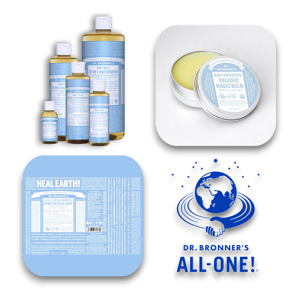 Extra Feuchtigkeit durch Olivenöl in Dr Bronner Seife. - Dr Bronner, Seife, Baby-Mild, milde Seife, pH neutrale Seife, Bio-Öle, Fair Trade, Allergikerfreundlich, sanfte Pflege, Naturseife, biorundum