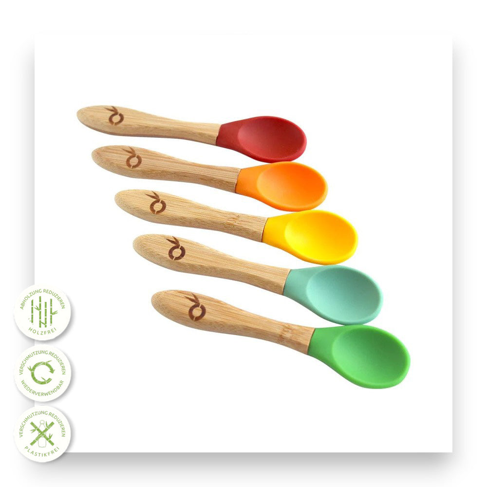 Umweltschonendes Kinder-Essgeschirr - Bambus Kinderlöffel, nachhaltige Produkte, Kinderessen, bunte Löffel, umweltfreundlich, Kindermöbel, Essgeschirr, Silikonlöffel, gesunde Ernährung, Picknickzubehör, Naturinhalt, biorundum