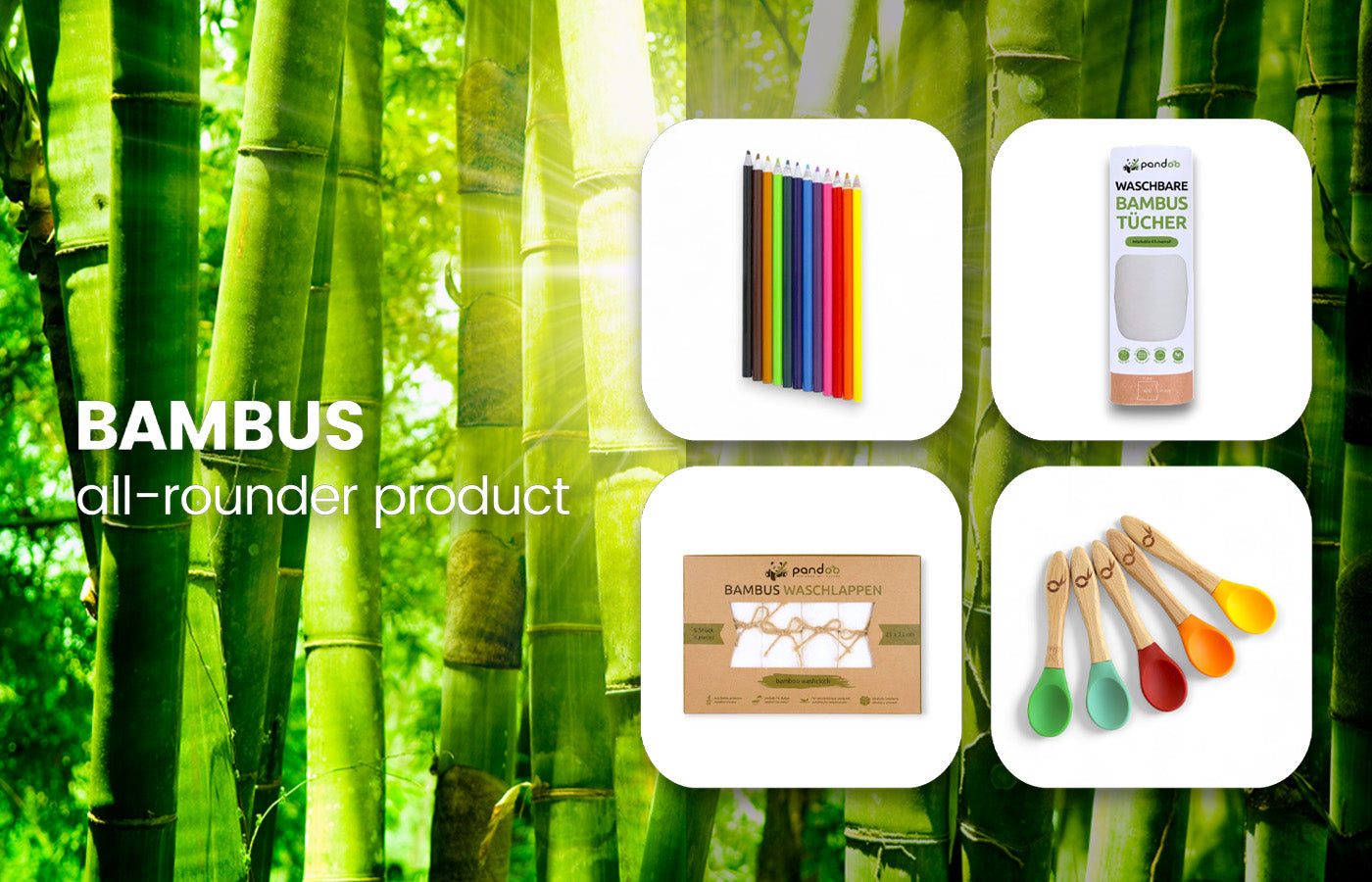 Bambus-Produkte für einen umweltfreundlichen Alltag: nachhaltige Küchenutensilien, biologisch abbaubare Zahnbürsten, wiederverwendbare Abschminkpads, Plastikmüll reduzieren und mehr. Entdecke die Vorteile von Bambus bei biorundum
