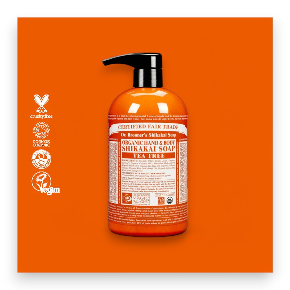 DR. BRONNER’S - Bio Sugar Soap Shikakai mit Teebaum mit antiseptische Wirkung, 355ml