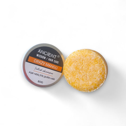 Festes Shampoo Crazy Mango Solid Shampoo in umweltfreundlicher Verpackung - Festes Shampoo, Ancient Wisdom, Crazy Mango, Naturkosmetik, Haarpflege, Vegan, Nachhaltigkeit, SLS-frei, Parabenfrei, Umweltfreundlich, HaarpflegeTipps, Glänzendes Haar, Haarliebe