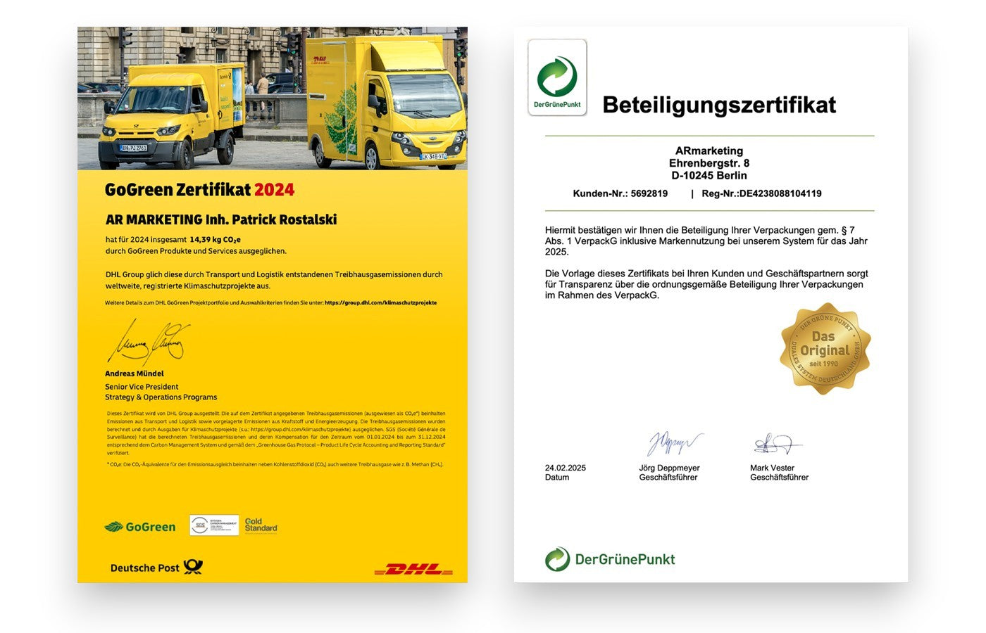 Das aktuelle GoGreen 2024 und DerGrünePunkt Zertifikat 2025. Wir von biorundum, setzen uns für nachhaltiges handeln und umweltbewusstes denken ein. - biorundum, DHL, Deutsche Post, Beteiligungszertifikat, GoGreen Zertifikat