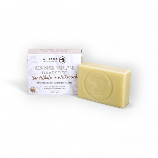 Natürliche Haarseife 100g - Haarseife, Kamelmilch, Weihrauch, Sandelholz, vegan, handgemacht, feuchtigkeitsspendend, beruhigend, sulfatfrei, für alle Haartypen, Naturkosmetik, schonend, nährend, 100% natürlich, Pflegeprodukt, Seife - biorundum