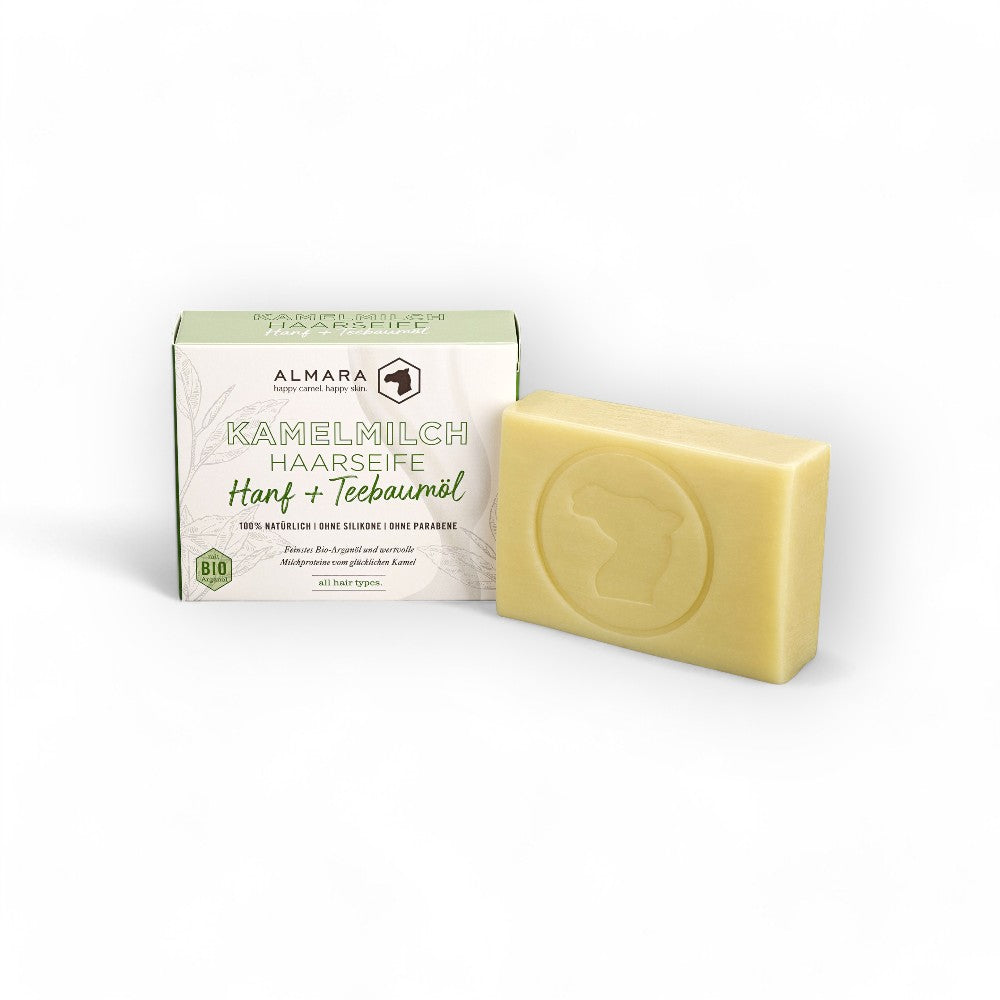 Haarseife mit Kamelmilch - Haarseife, Kamelmilch, Hanf, Teebaumöl, vegan, handgemacht, feuchtigkeitsspendend, beruhigend, sulfatfrei, für alle Haartypen, Naturkosmetik, schonend, nährend, 100% natürlich, Pflegeprodukt, Seife - biorundum