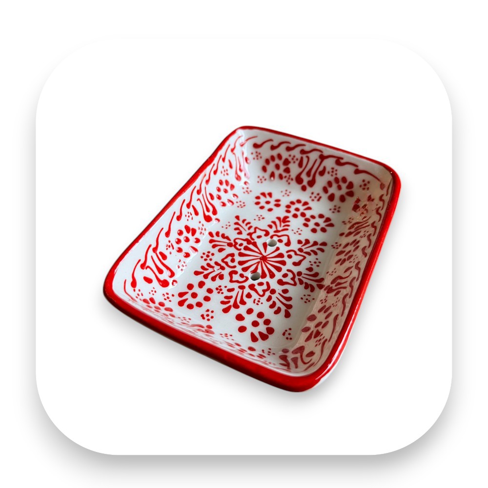 Handgefertigte Keramik mit lebhaftem Design - Seifenschale, Keramik, handgefertigt, rot, Badezimmer, nachhaltig, Deko, Geschenkidee, traditionell, Iznik, biorundum
