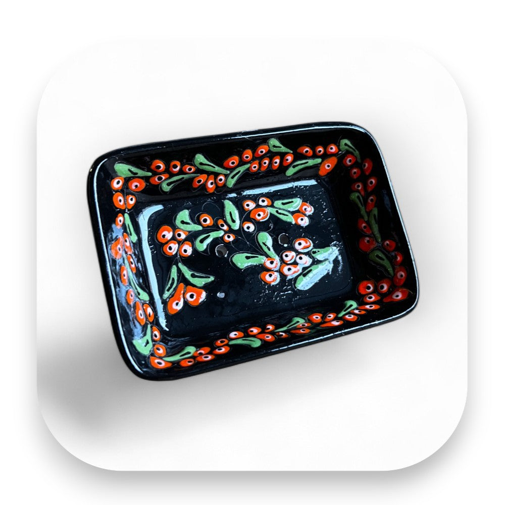 Handgefertigte Keramik mit Sanddornmuster - Seifenschale, Keramik, handgefertigt, Sanddorn, Badezimmer, nachhaltig, Deko, Geschenkidee, traditionell, Iznik, biorundum