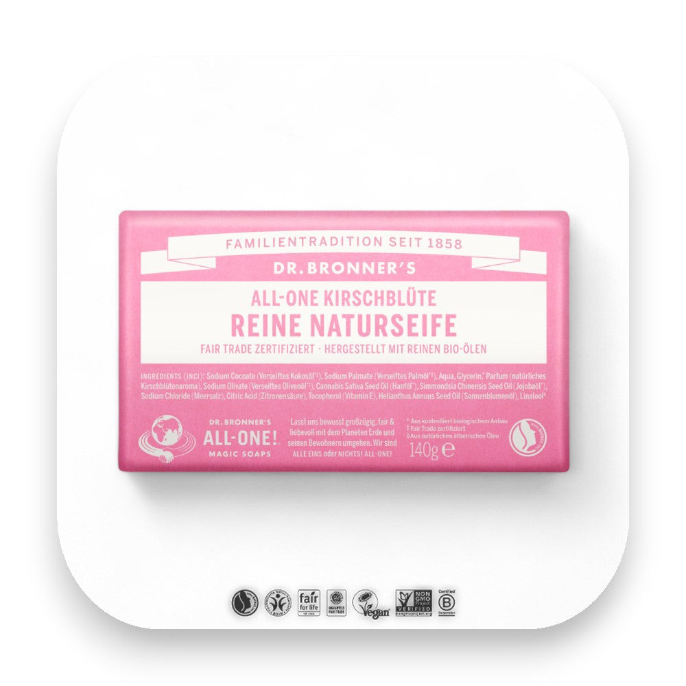 Verwöhne dich mit der Dr Bronner Kirschblüten Seife - dr bronner, seife, kirschblüten, bio, fair trade, hautpflege, vegan, nachhaltig, frühlingsgefühle, erfrischend