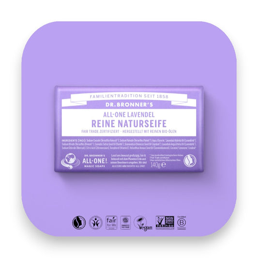 Bio-Lavendel-Seife mit beruhigenden Eigenschaften für die Haut. - Dr Bronner, Seife, Lavendel, Lavendelseife, Bio-Öle, Fair Trade, entspannend, Hautpflege, Naturseife, sanfte Reinigung, biorundum