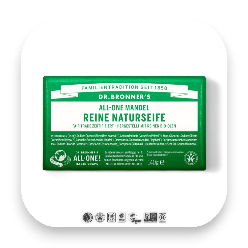 Wohltuender Mandelduft ohne Zucker in der Seife. - Dr Bronner, Seife, Mandel, Mandelseife, Bio-Öle, Fair Trade, sanfte Reinigung, feuchtigkeitsspendend, natürliche Inhaltsstoffe, Hautpflege, biorundum