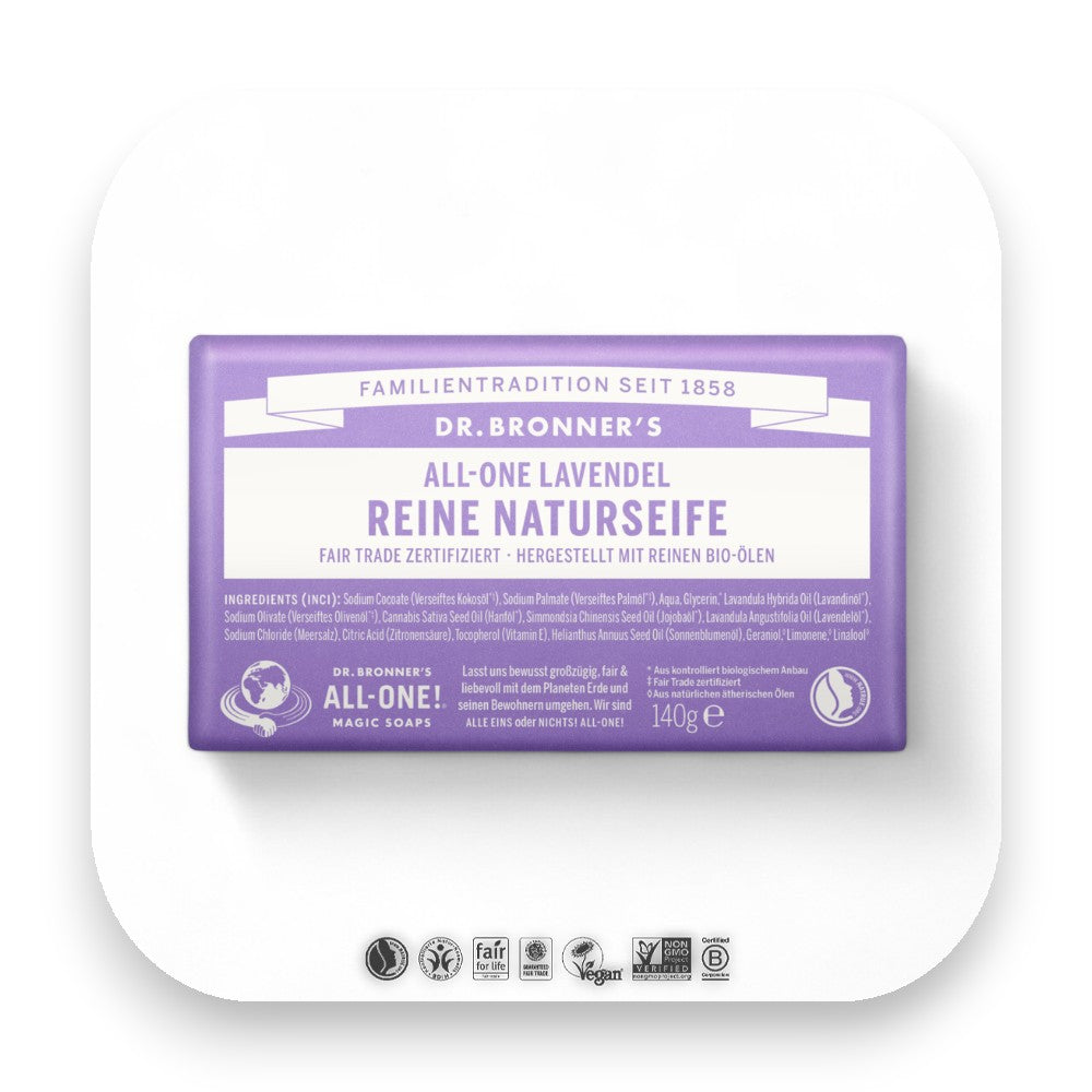 Dr Bronner Lavendel Seife für Entspannung und Pflege. - Dr Bronner, Seife, Lavendel, Lavendelseife, Bio-Öle, Fair Trade, entspannend, Hautpflege, Naturseife, sanfte Reinigung, biorundum