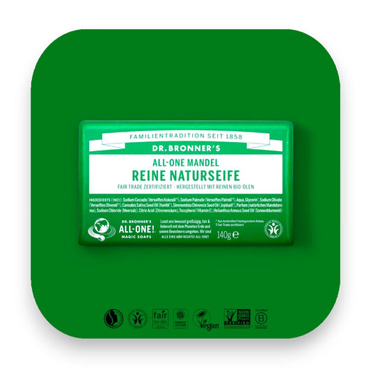 Dr Bronner Mandel Seife für eine sanfte Reinigung. - Dr Bronner, Seife, Mandel, Mandelseife, Bio-Öle, Fair Trade, sanfte Reinigung, feuchtigkeitsspendend, natürliche Inhaltsstoffe, Hautpflege, biorundum