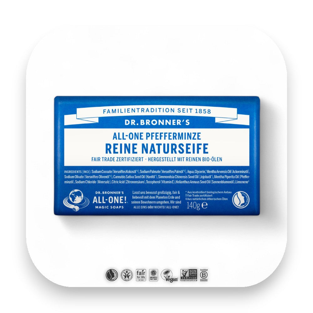 Dr Bronner Pfefferminz Seife – kühlende Erfrischung - dr bronner, seife, pfefferminz, bio, fair trade, hautpflege, vegan, nachhaltig, frisch, erfrischend, biorundum