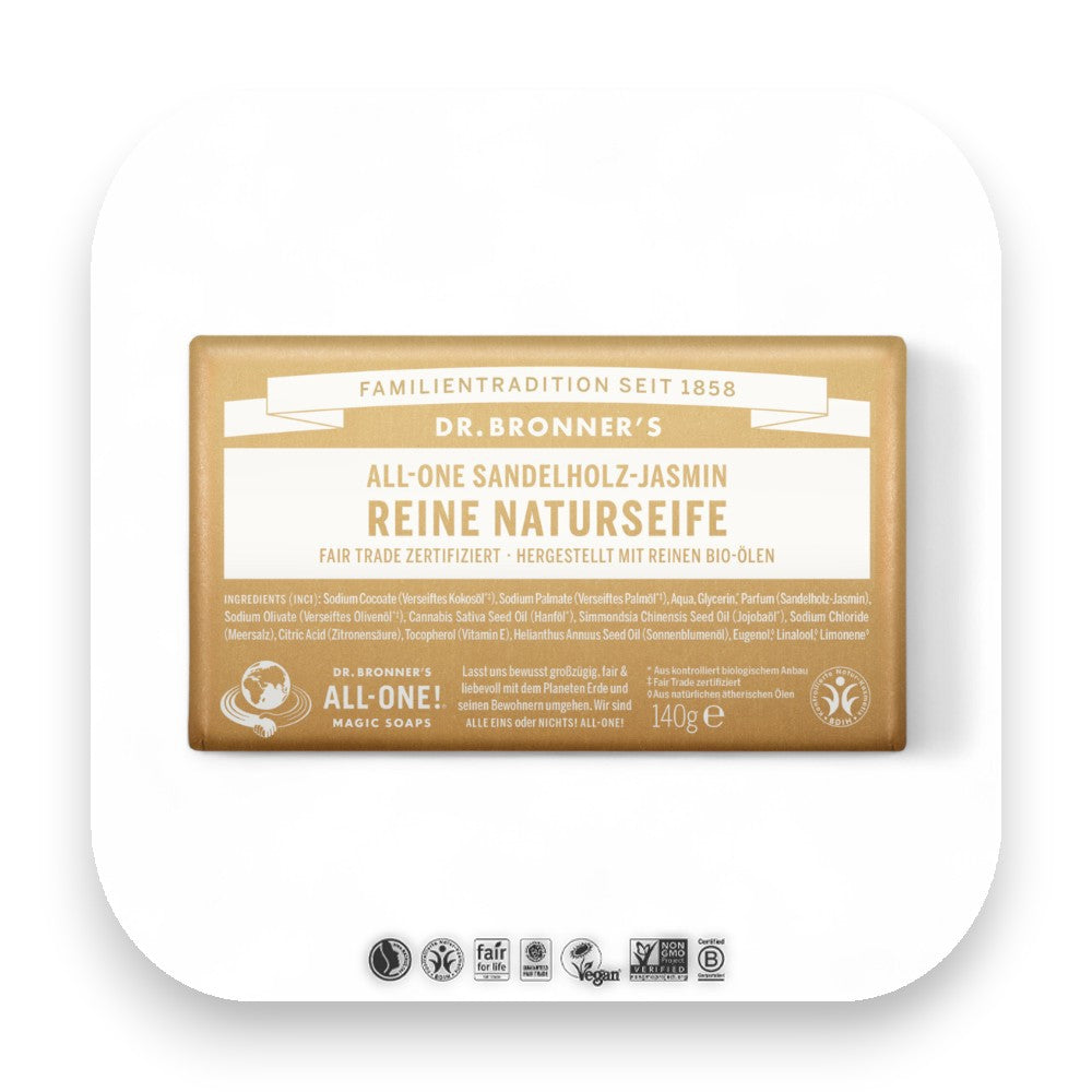 Sanfte Reinigung mit natürlichen Inhaltsstoffen - dr bronner, seife, sandelholz, bio, fair trade, hautpflege, vegan, nachhaltig, jasmin, natur, biorundum