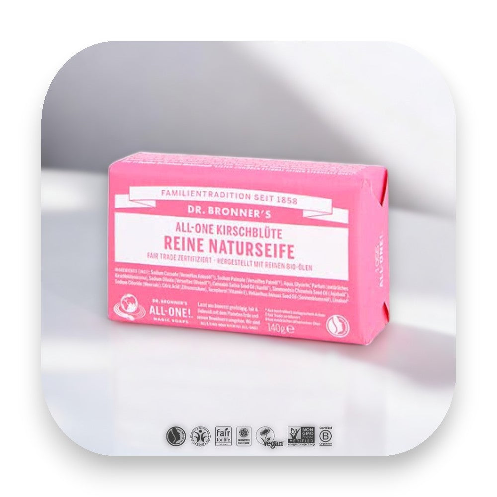 Dr Bronner Kirschblüten Seife – blumiger Duft für deine Sinne - dr bronner, seife, kirschblüten, bio, fair trade, hautpflege, vegan, nachhaltig, frühlingsgefühle, erfrischend