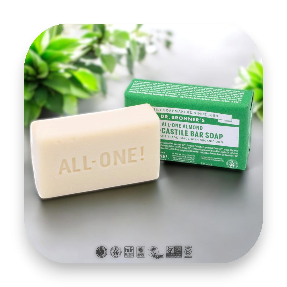Bio-zertifizierte Mandelseife mit feuchtigkeitsspendenden Eigenschaften. - Dr Bronner, Seife, Mandel, Mandelseife, Bio-Öle, Fair Trade, sanfte Reinigung, feuchtigkeitsspendend, natürliche Inhaltsstoffe, Hautpflege, biorundum