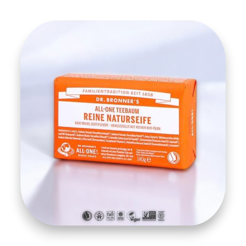 Nachhaltige Verpackung der Naturseife - dr bronner, seife, teebaumöl, bio, fair trade, hautpflege, antiseptisch, vegan, natur, handgefertigt, biorundum