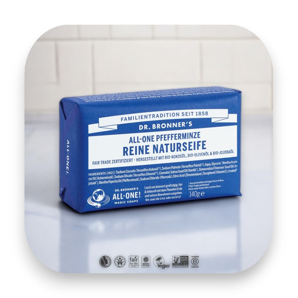Belebende Pfefferminz Seife für entspannende Momente - dr bronner, seife, pfefferminz, bio, fair trade, hautpflege, vegan, nachhaltig, frisch, erfrischend, biorundum