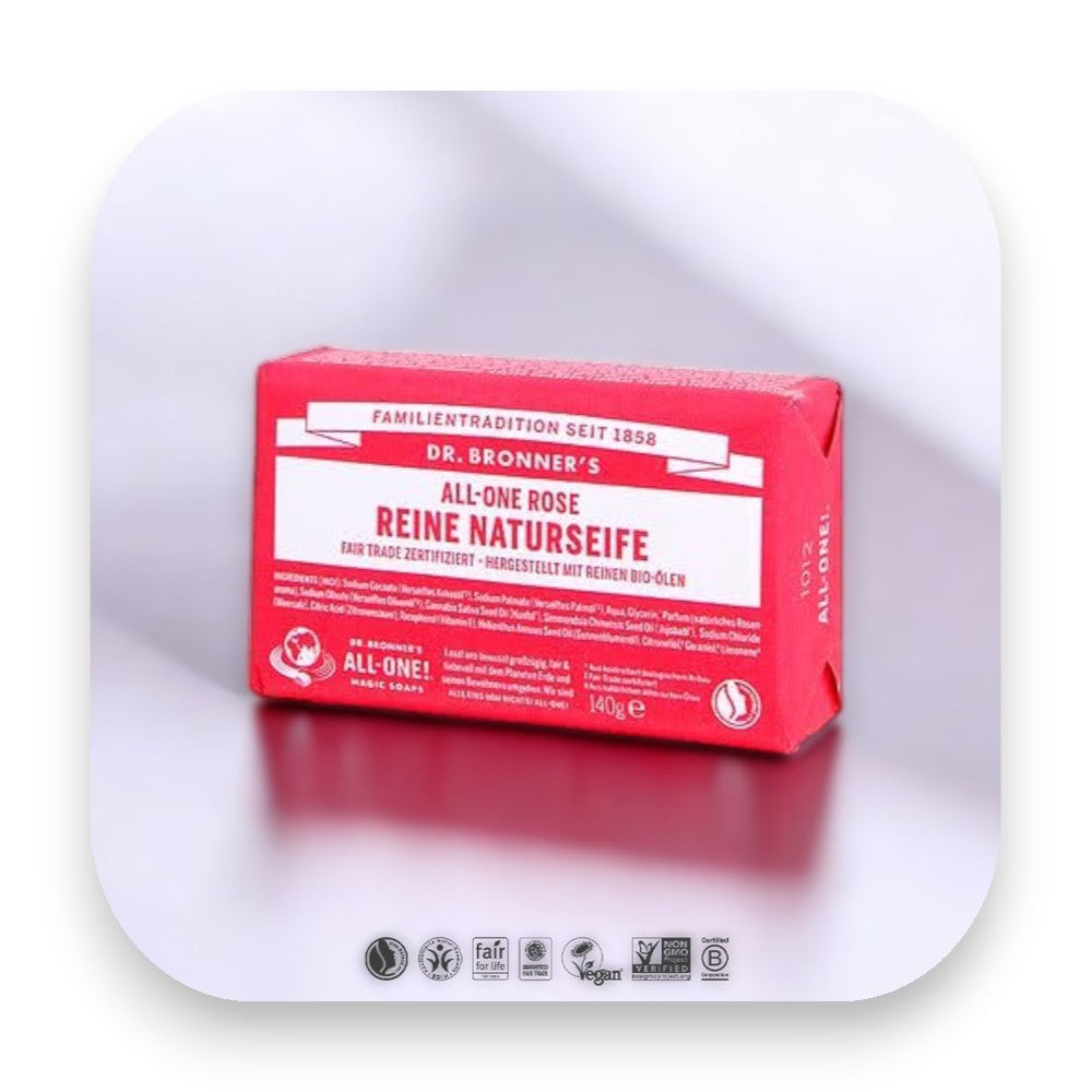 Erlebe die sanfte Dr Bronner Rose Seife - dr bronner, seife, rose, rosenseife, bio, fair trade, hautpflege, vegan, elegant, frisch, biorundum