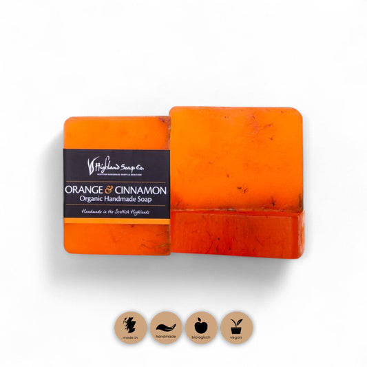Handgefertigte Seife Orange mit Zimt - Naturseife, Orange, Zimt, Highland Soap Company, biologische Seife, gesunde Haut, vegane Pflege, Wohlfühlprodukt, Körperpflege, aromatische Seife, biorundum