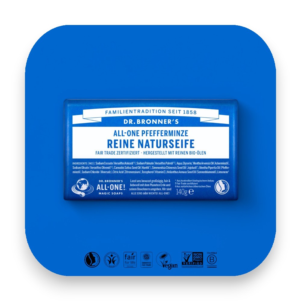 Sanfte Reinigung mit Pfefferminz-Duft - dr bronner, seife, pfefferminz, bio, fair trade, hautpflege, vegan, nachhaltig, frisch, erfrischend, biorundum