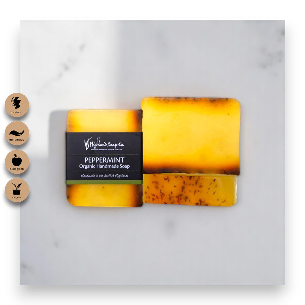 Belebende Körperpflege mit Pfefferminze - Naturseife, Pfefferminz, Highland Soap Company, Bio-Seife, vegane Körperpflege, Handseife, feuchtigkeitsspendend, ätherisches Öl, natürliche Inhaltsstoffe, Schottland, Bio-Kosmetik, Naturkosmetik, Naturinhalt, biorundum