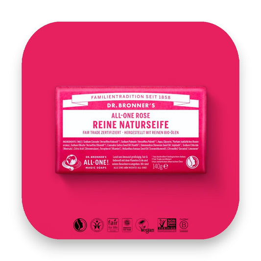 Zarte Rosenseife für einen Hauch von Luxus - dr bronner, seife, rose, rosenseife, bio, fair trade, hautpflege, vegan, elegant, frisch, biorundum