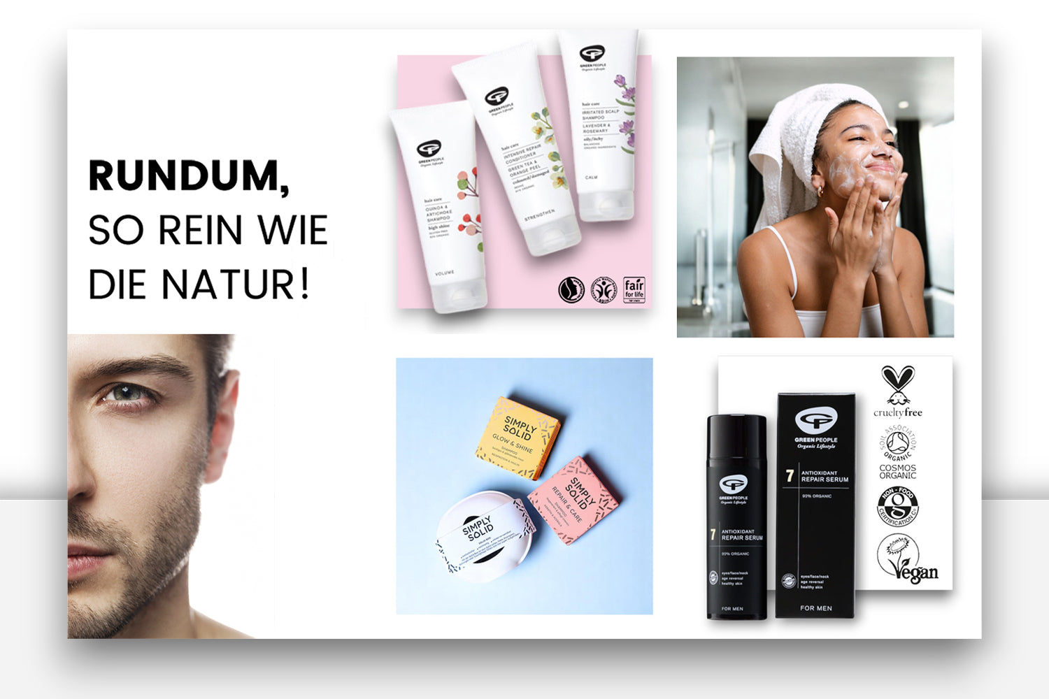 ALLE PRODUKTE - Verschiedene nachhaltige Naturkosmetikprodukte, darunter Naturseifen, Haarseifen, Deodorants und Lippenbalsam, alle aus reinen, pflanzlichen Inhaltsstoffen für gesunde Haut und Umwelt.- Naturkosmetik, Bio-Kosmetik, nachhaltige Produkte, Hautpflege, Haarpflege, Deodorants, Lippenbalsam, umweltfreundlich, Dr. Bronner, Eco Cosmetics, Green People, Babypflege, Naturseifen, feste Shampoos, Männerpflege, Naturinhalt, Naturkosmetik, biorundum