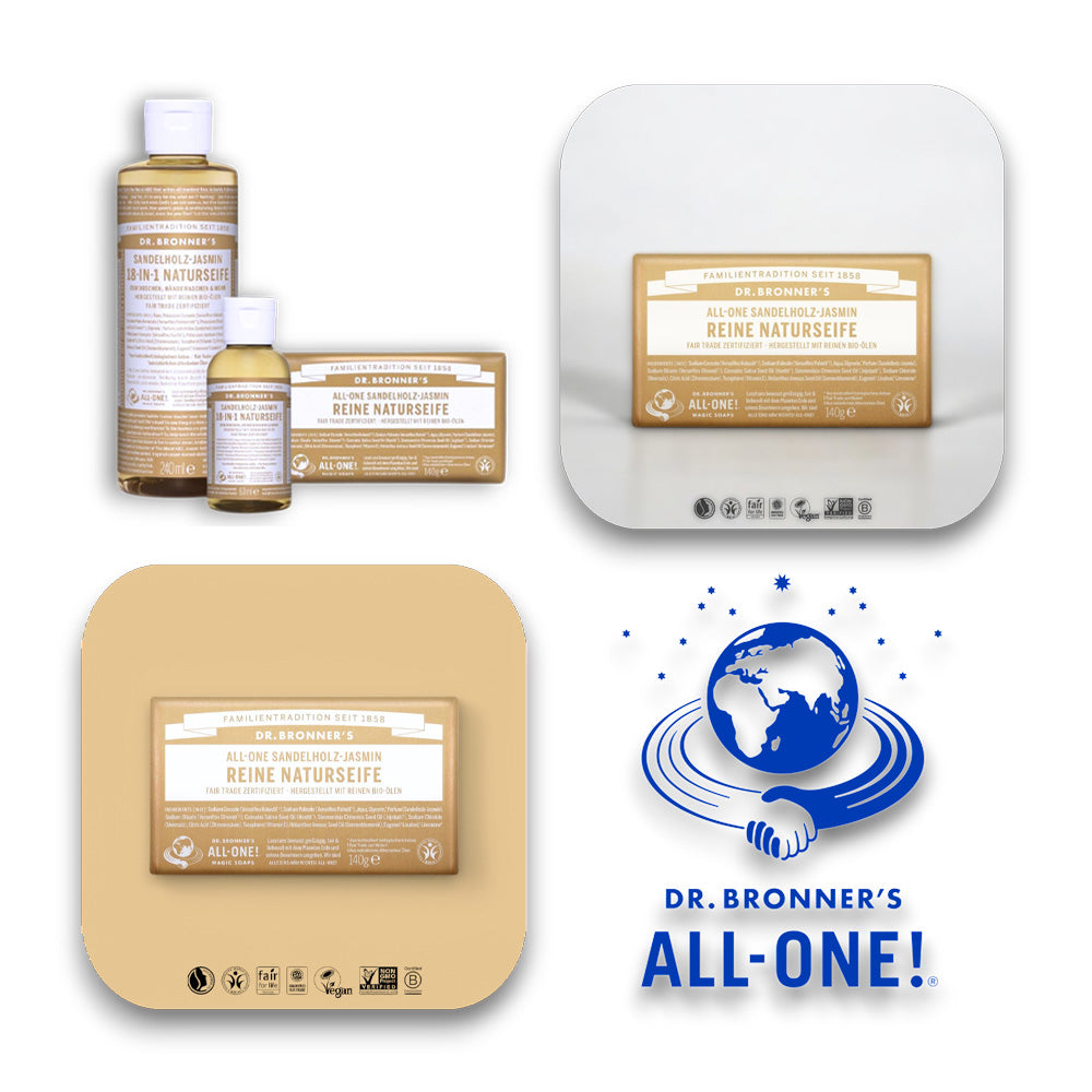 Ideal für Outdoor-Abenteuer – biologisch abbaubar - dr bronner, seife, sandelholz, bio, fair trade, hautpflege, vegan, nachhaltig, jasmin, natur, biorundum