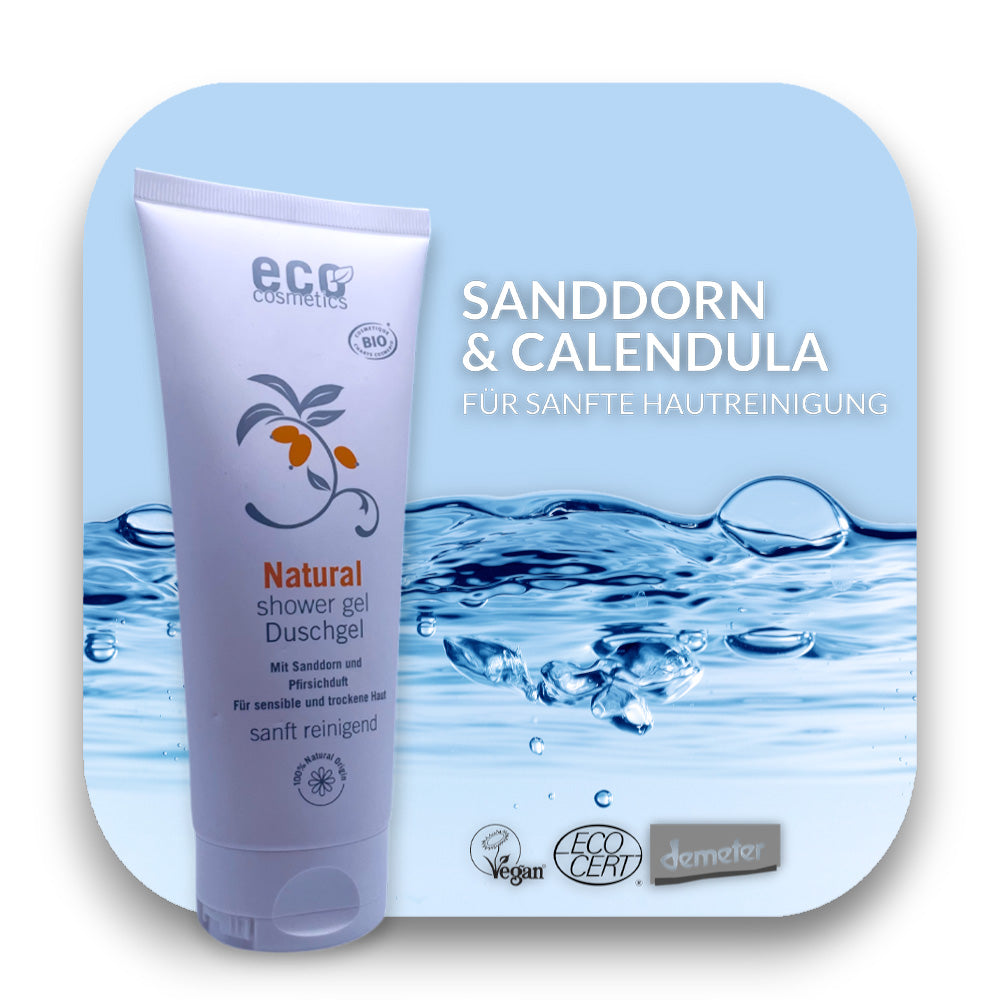 Beruhigendes Duschgel mit Bio Sanddorn für sanfte Reinigung: Bio Duschgel, Sanddorn, Calendula, Eco Cosmetics, Naturkosmetik, vegan, pflegen, reinigen, mild, beruhigend, biorundum