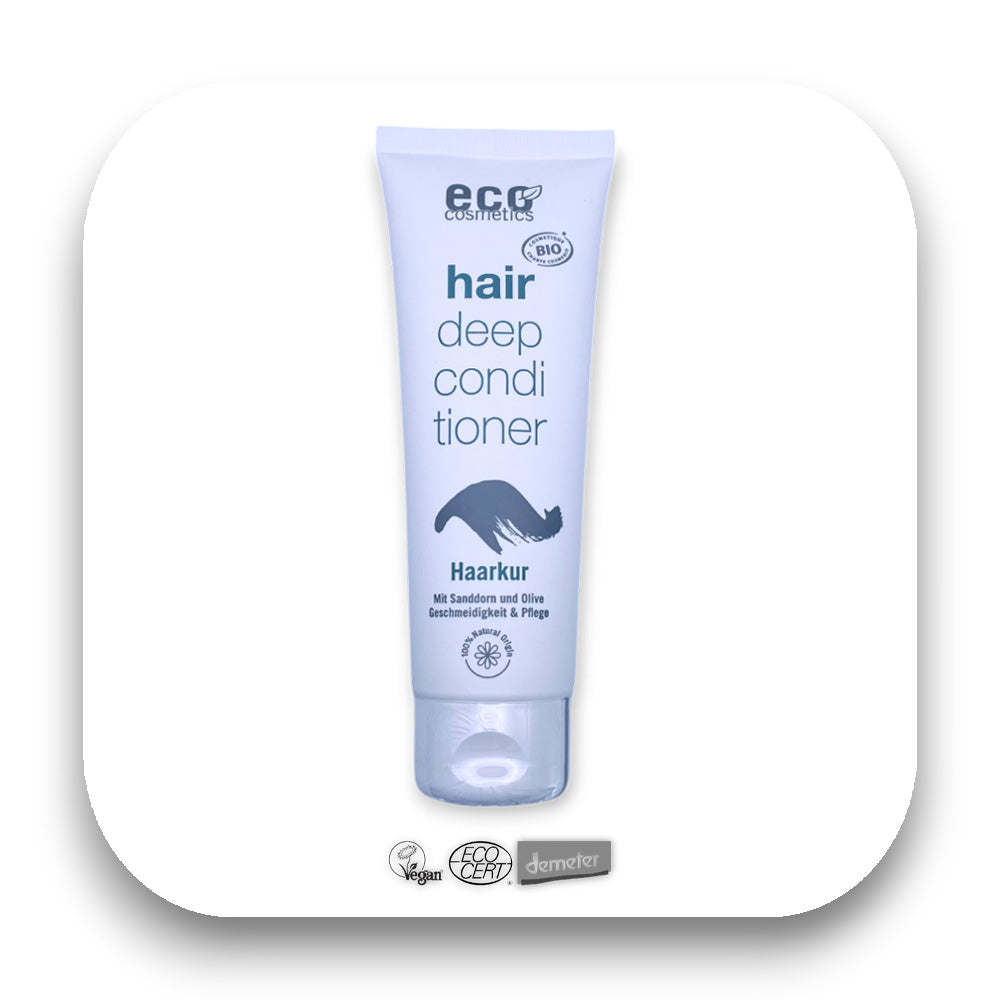 Eco Haarkur mit Bio Sanddorn und Olivetags: Haarkur, Eco Cosmetics, Bio, Sanddorn, Olive, Haarpflege, vegan, Conditioner, Naturkosmetik, Pflege