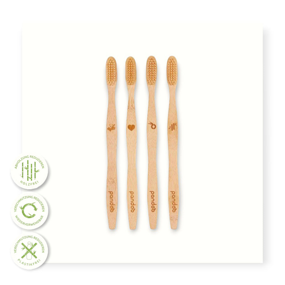 Set aus 4 Zahnbürsten - Bambus Zahnbürsten, umweltfreundlich, nachhaltig, Plastikreduzierung, Zahnreinigung, Mundpflege, Hygieneprodukte, Bio-Zahnbürste, Naturinhalt, biorundum
