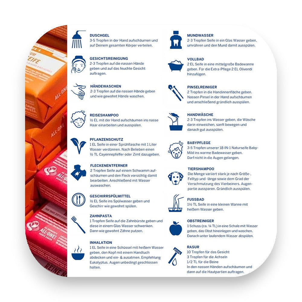 Anwendung der Dr Bronner Seife, ideal für Outdoor. - Dr Bronner, Seifen, Bio-Seife, Fair Trade, Eukalyptus, Naturprodukte, umweltfreundlich, Körperpflege, Nachhaltigkeit, Naturkosmetik, biorundum