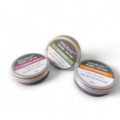 Feste Shampoos von Ancient Wisdom in den Sorten Crazy Mango, Rhabarber und Bubble Gum - Festes Shampoo, Ancient Wisdom, Rhabarber, Crazy Mango, Bubble Gum, Naturkosmetik, Haarpflege, Vegan, Nachhaltigkeit, SLS-frei, Parabenfrei, Umweltfreundlich, HaarpflegeTipps, Glänzendes Haar, Haarliebe