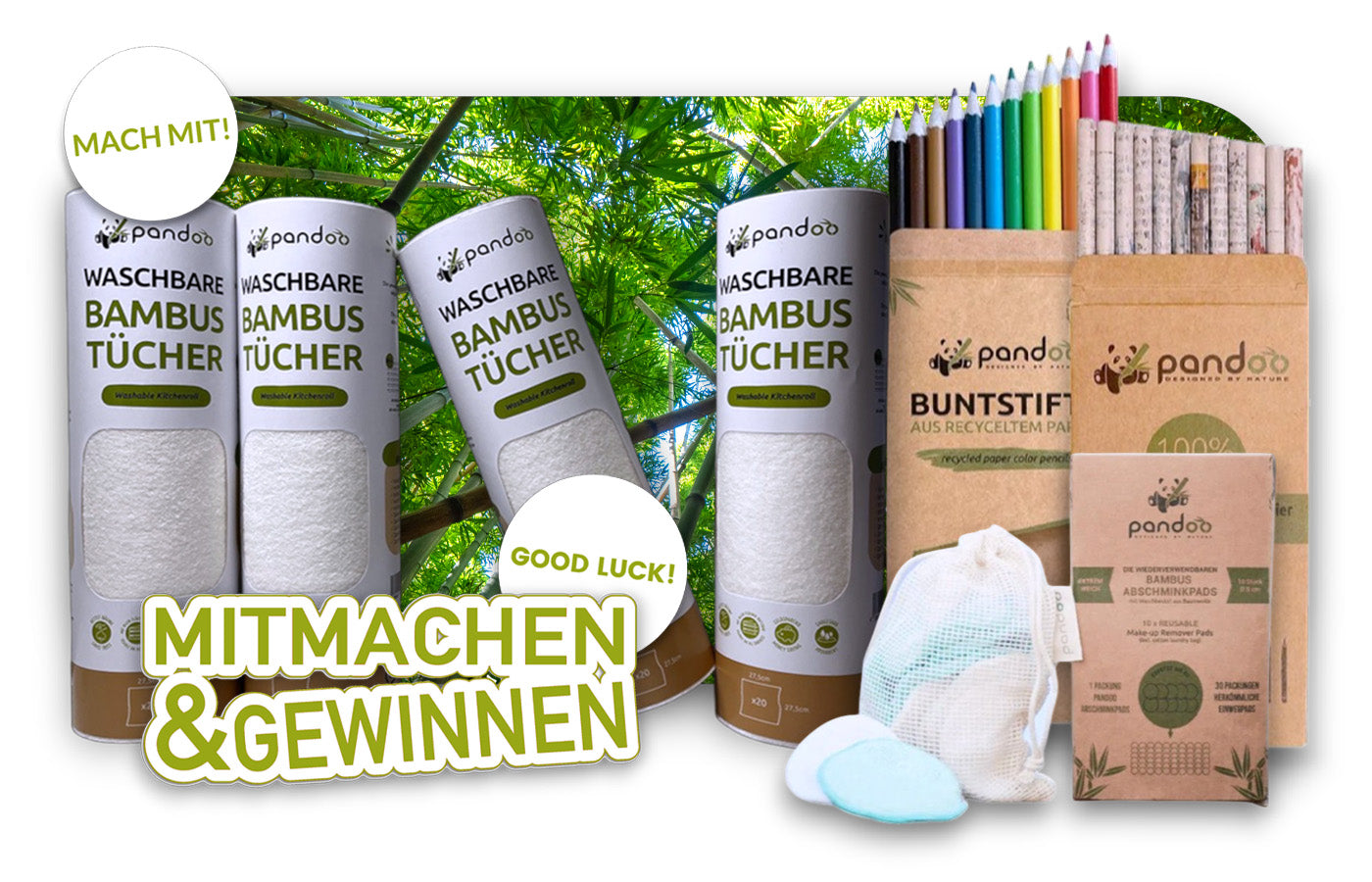 Natürliches biorundum-Gewinnspielmotiv mit eleganten Bambusprodukten auf hellem, nachhaltigem Hintergrund; sanfte Grüntöne und minimalistisches Design vermitteln Ruhe, Achtsamkeit und den nachhaltigen Charakter der Marke.