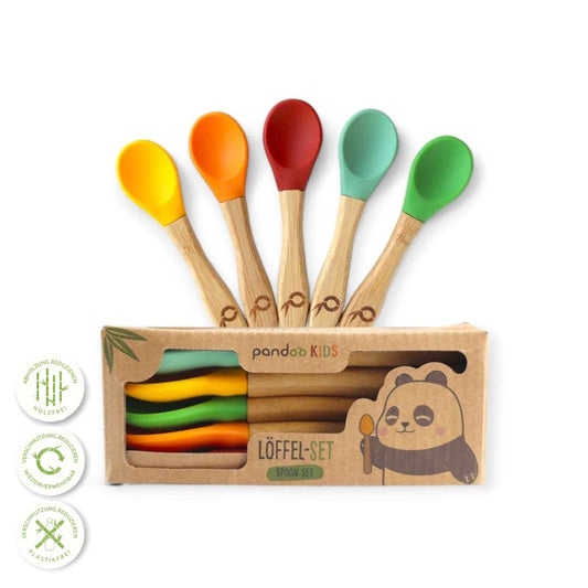 Buntes Bambus Kinderlöffel Set - Bambus Kinderlöffel, nachhaltige Produkte, Kinderessen, bunte Löffel, umweltfreundlich, Kindermöbel, Essgeschirr, Silikonlöffel, gesunde Ernährung, Picknickzubehör, Naturinhalt, biorundum