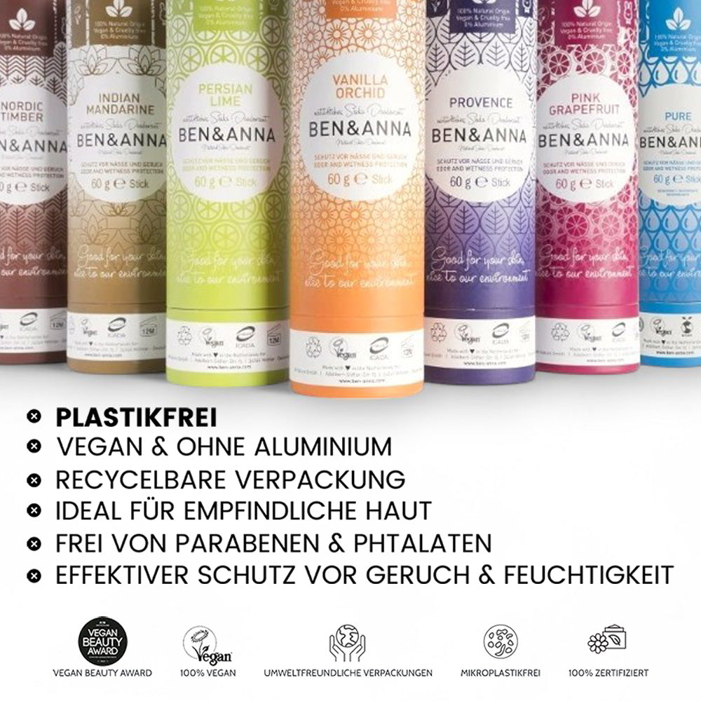 Zertifizierte Naturkosmetik und Produktmerkmale bei den Deodorants von BEN & ANNA -plastikfrei - Vegan & ohne Aluminium, Ideal für empfindliche Haut, frei von Parabenen, effektiver Schutz vor Feuchtigkeit & Geruch - Bio, Natürlich, Veganes Deo, Ben & Anna, Deodorant, Umweltfreundlich, Nachhaltig, Hautpflege, Naturkosmetik, biorundum