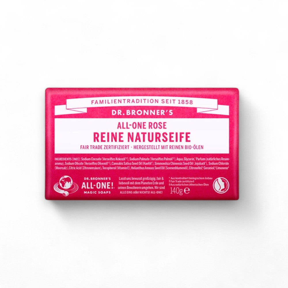 Dr. Bronner Reine Naturseife Rose (140g). Diese Bio-Seife bietet den luxuriösen Duft frischer Rosen für eine sanfte und umweltfreundliche Hautpflege. - Dr. Bronner, Naturseife, Rose, 140g, Bio-Seife, Luxuriös, Handseife, Nachhaltigkeit, Umweltfreundlichkeit, Sanfte Pflege, biorundum