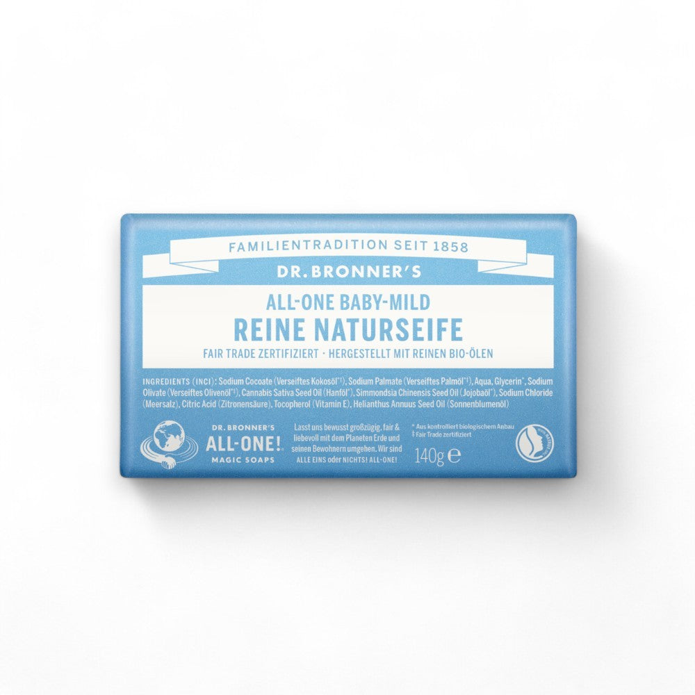 Dr. Bronner Reine Naturseife Baby Mild - Extra Portion Olivenöl (140g). Diese milde Seife bietet sanfte Pflege für empfindliche Haut und ist ideal für Babys und Allergiker. - Naturseife, Baby Mild, Extra Olivenöl, 140g, Empfindliche Haut, Babyhaut, Sanfte Pflege, Nachhaltig, Vegan, Bio-Hautpflege, Duftneutral, biorundum