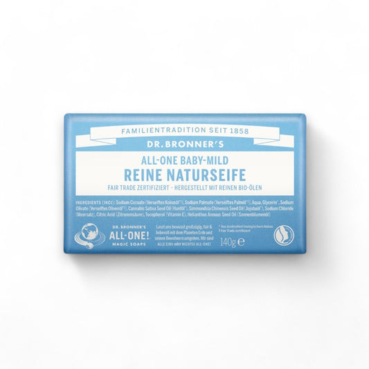 Dr. Bronner Reine Naturseife Baby Mild - Extra Portion Olivenöl (140g). Diese milde Seife bietet sanfte Pflege für empfindliche Haut und ist ideal für Babys und Allergiker. - Naturseife, Baby Mild, Extra Olivenöl, 140g, Empfindliche Haut, Babyhaut, Sanfte Pflege, Nachhaltig, Vegan, Bio-Hautpflege, Duftneutral, biorundum