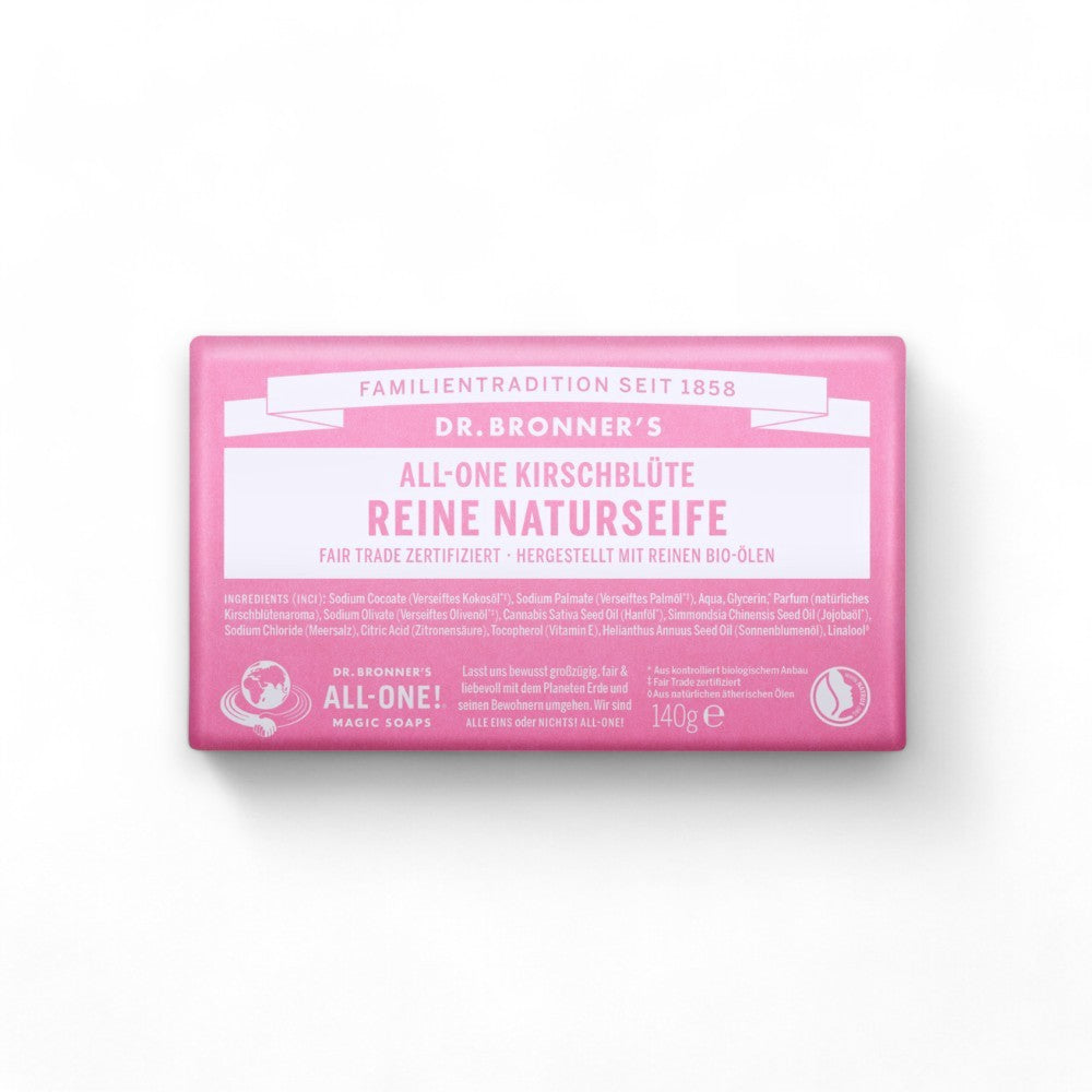 Die Dr. Bronner Reine Naturseife Kirschblüte ist eine helle, blumige Seife, die sanft zur Haut ist und Dich in den Duft eines Kirschblütenhains entführt. Ideal für die tägliche Hautreinigung, sorgt sie für eine erfrischte und gepflegte Haut. Dr. Bronner, Naturseife, Kirschblüte, Sanfte Reinigung, Bio-Hautpflege, Helle Seife, Blumige Seife, Hautpflege, Umweltfreundlich, Nachhaltig.