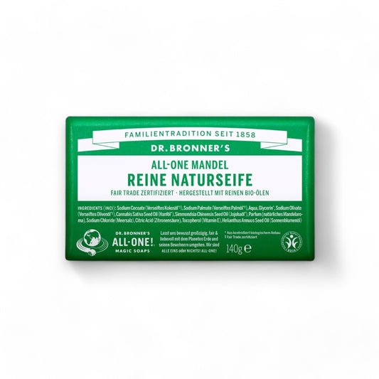 Dr. Bronner Reine Naturseife Mandel im biorundum Shop - Naturseife, Mandelduft, Bio Seife, Fair Trade, Dr Bronner, Nachhaltige Hautpflege, Vegane Seife, Körperreinigung, Pflegeerlebnis, Aromatherapie