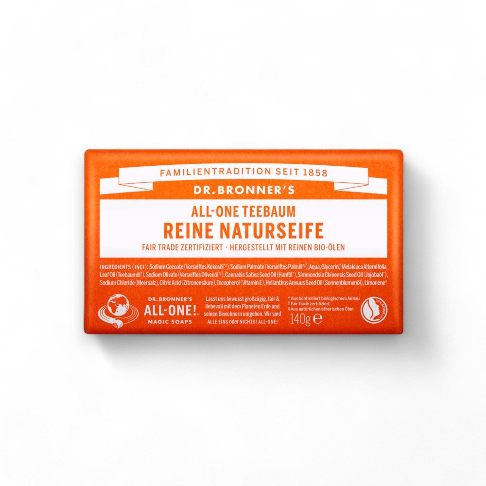 Dr Bronner Reine Naturseife Teebaum - Bio-Hautpflege, Naturseife, Teebaumöl, Nachhaltigkeit, Fair Trade, Hautunreinheiten, Antiseptisch, Hautpflege, Dr Bronner, Klimaneutraler Versand