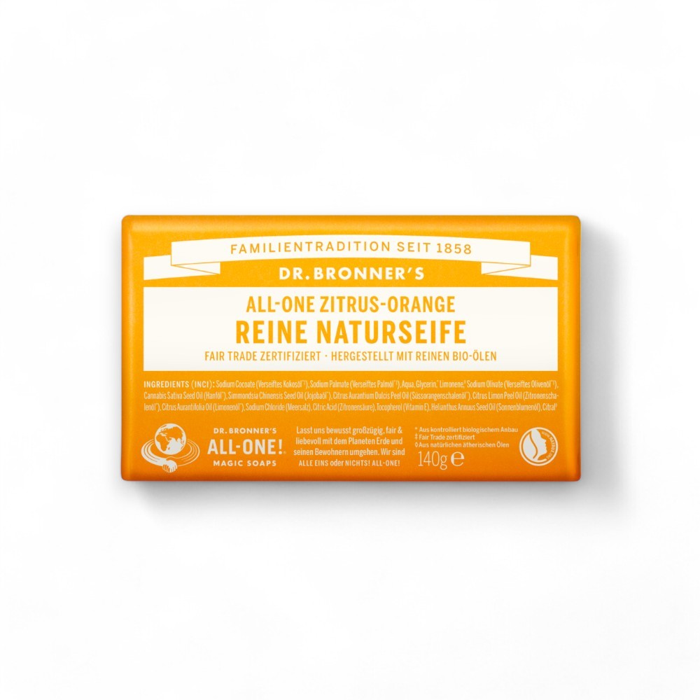 Dr. Bronner Reine Naturseife Zitrus-Orange (140g). Diese Bio-Seife bietet erfrischende Zitrus- und Orangendüfte für eine belebende Hautpflege. - Dr. Bronner, Naturseife, Zitrus-Orange, 140g, Bio-Seife, Erfrischend, Handseife, Nachhaltig, Umweltfreundlich, Belebend, biorundum