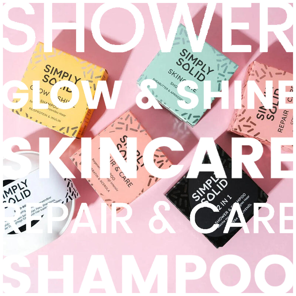 SIMPLY SOLID feste Shampoos: Repair & Care, Glow & Shine, 2-IN-1 Shower Shampoo. Nachhaltige Haarpflege. - FESTE-SHAMPOOS-SIMPLY-SOLID, Repair-Care-Shampoo-Conditioner, Glow-Shine, 2-IN-1-Shower-Shampoo, Nachhaltige-Haarpflege, biorundum