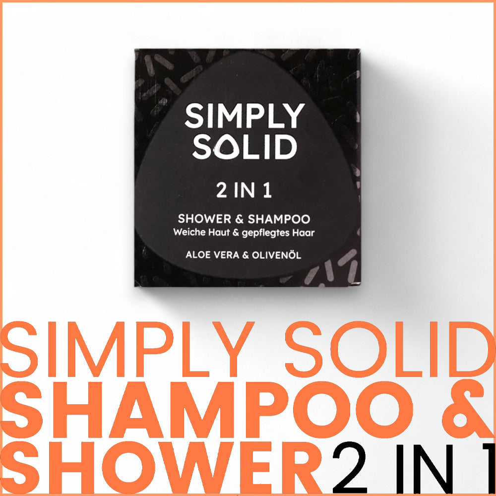 SIMPLY SOLID 2 IN 1 festes Duschgel & Shampoo, vegan & wasserfrei, 60g:  Wasserfrei, Vegan, Seifenfrei, Dermatologisch geprüft, Olivenöl-Lipide, Aloe Vera, Täglich geeignet, Kompakt, Zitrisch-würziger Duft, Reisen, Fitnessstudio, Camping, Naturkosmetik, Haarkosmetik, Naturinhalt, biorundum, SIMPLY SOLID, Solid, Festes Duschgel, Festes Shampoo