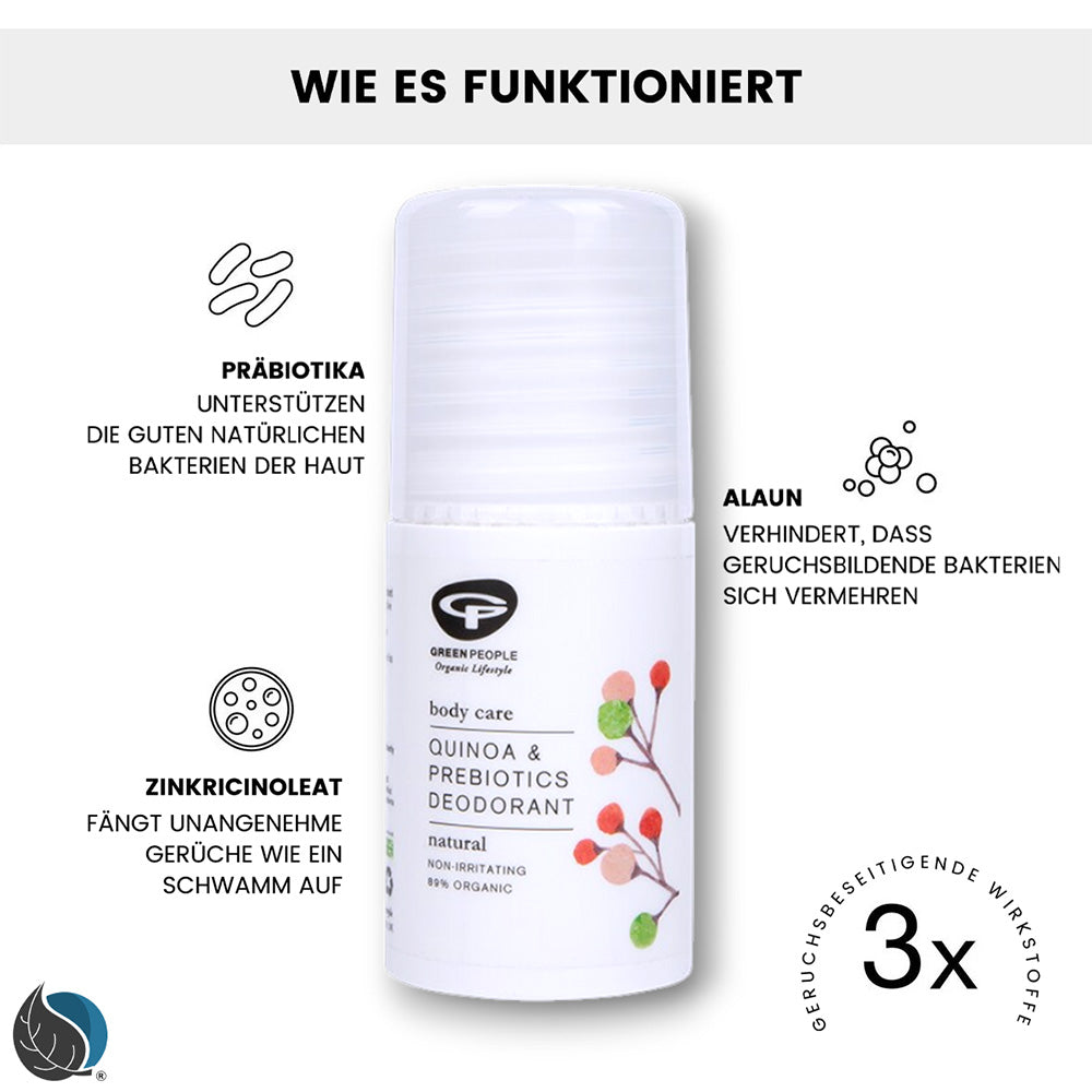 Antibakterielles Zitronengras - Bio Deodorant, Quinoa Deo, Green People, natürliches Deo, aluminiumfrei, alkoholfrei, antibakteriell, empfindliche Haut, natürliche Inhaltsstoffe, nachhaltige Pflege, Naturinhalt, biorundum