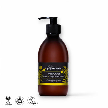 Hand & Body Lotion Wild Gorse im eleganten Pumpspender - Body Lotion, Aloe Vera, Wild Gorse, Hautpflege, Sensitive Haut, Naturkosmetik, Vegan, Tierversuchsfrei, Feuchtigkeitspflege, Hochwertige Inhaltsstoffe, Eco-Friendly, Highland Soap Company, Nachhaltigkeit, Körperpflege, Naturinhalt, biorundum