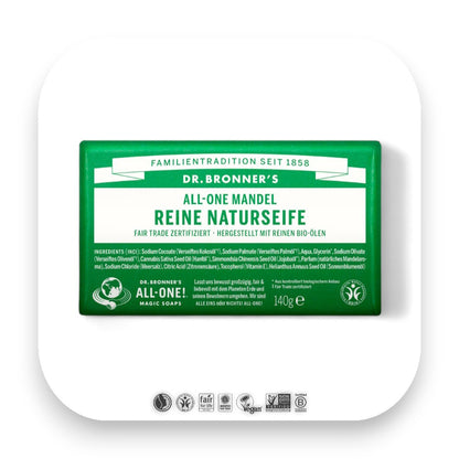 Wohltuender Mandelduft ohne Zucker in der Seife. - Dr Bronner, Seife, Mandel, Mandelseife, Bio-Öle, Fair Trade, sanfte Reinigung, feuchtigkeitsspendend, natürliche Inhaltsstoffe, Hautpflege, biorundum