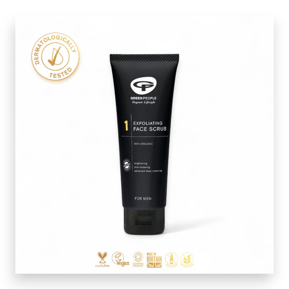 Sanftes Bio-Gesichts-Peeling - Männer Peeling, Männerpflege, Green People, Bio-Kosmetik, Gesichtspeeling, natürliche Hautpflege, empfindliche Haut, veganes Peeling, umweltfreundlich, Männerhaut, Naturinhalt, biorundum