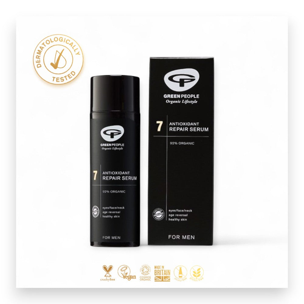 Schnelle Ergebnisse bei der Hautverjüngung. - Anti-Aging, Männerpflege, Bio, Vegan, Hautstraffung, Faltenreduktion, Naturkosmetik, Repair Serum, Multifunktional, Schnelle Ergebnisse, Green People, Naturinhalt, biorundum